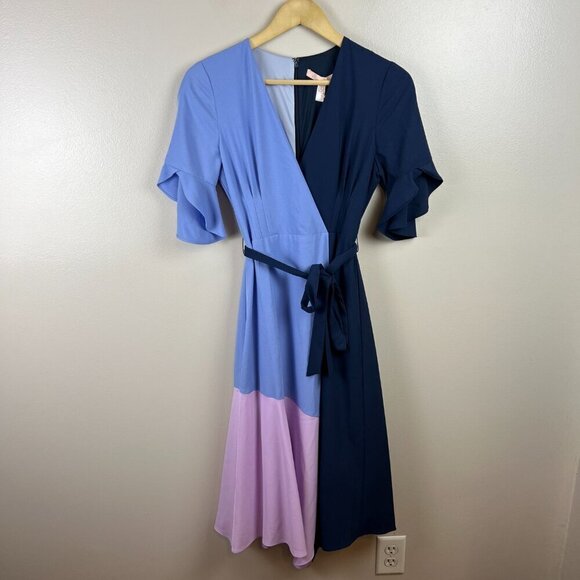 Hutch Colorblock Wrap Midi Dress Size XS Blue Wedding Guest Church Work Event - Picture 2 of 12